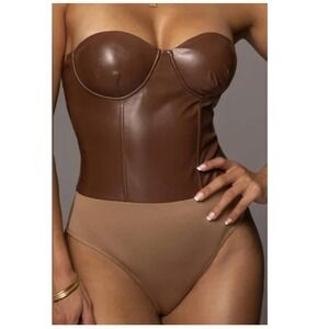 NEW JLUXLABEL Coco Xenia Faux‎ Leather Bustier Bodysuit in Brown